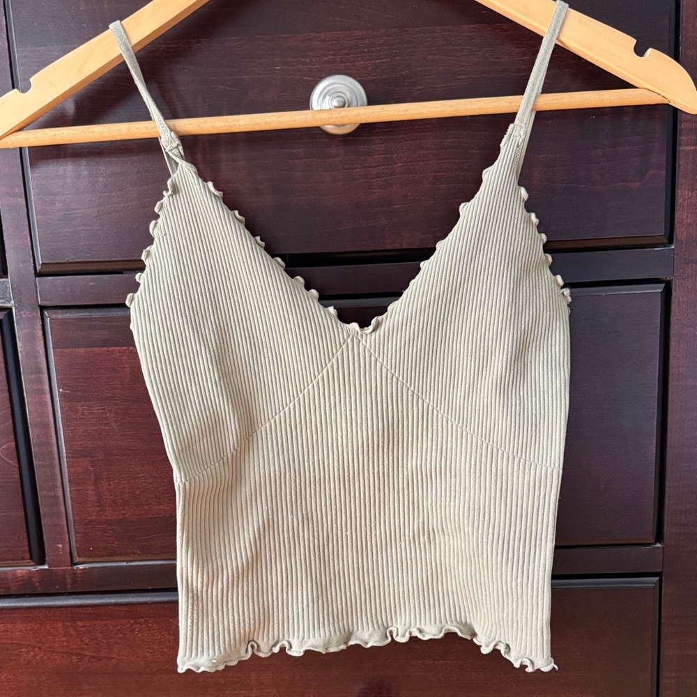 Intimately Free Sage Green Ribbed Scallop Trim Cami Top, Adjustable Straps XS